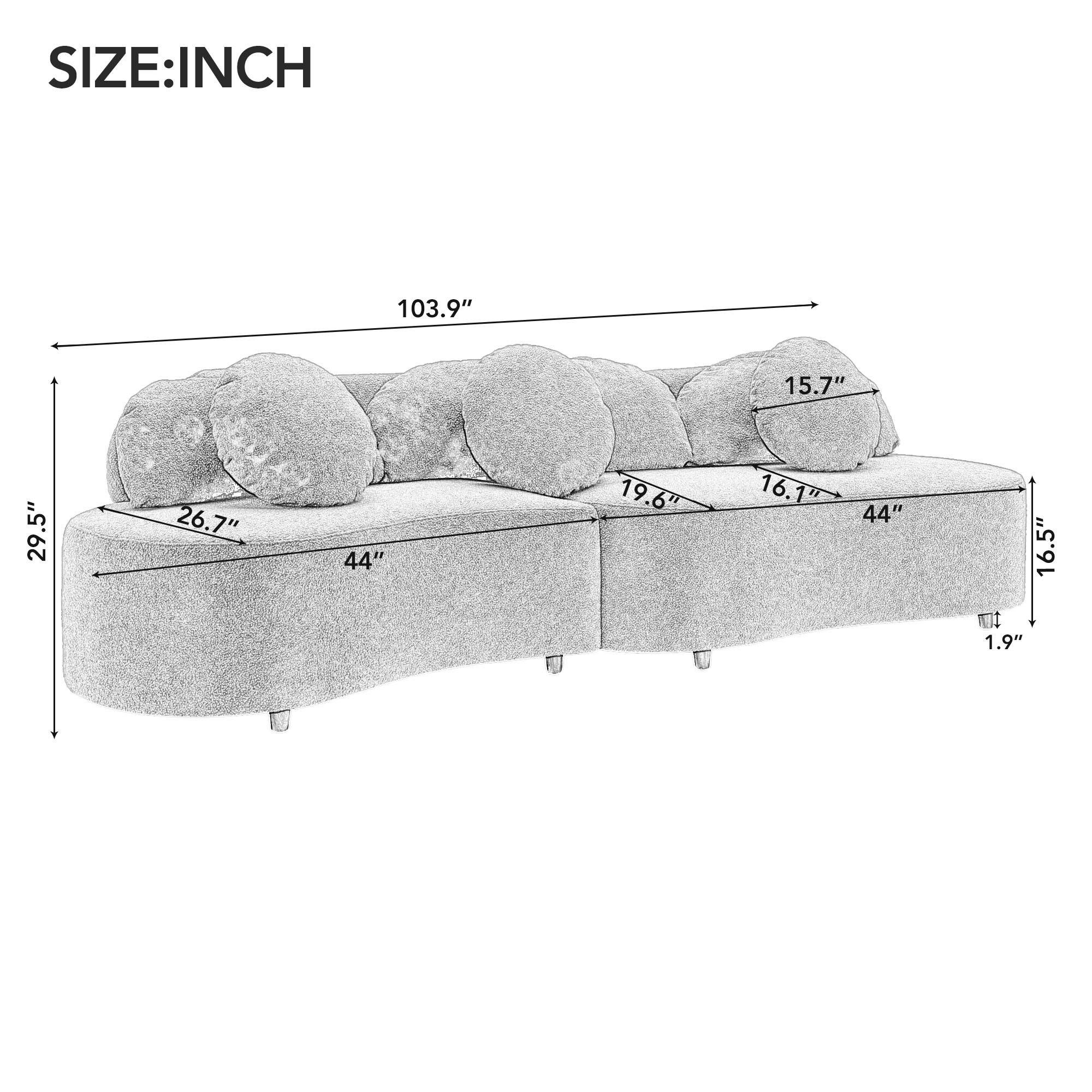 Aukfa Modern Living Room Curved Upholstered Couch, Sectional Sofa w/ 6 Pillows, Lamb Velvet, Beige