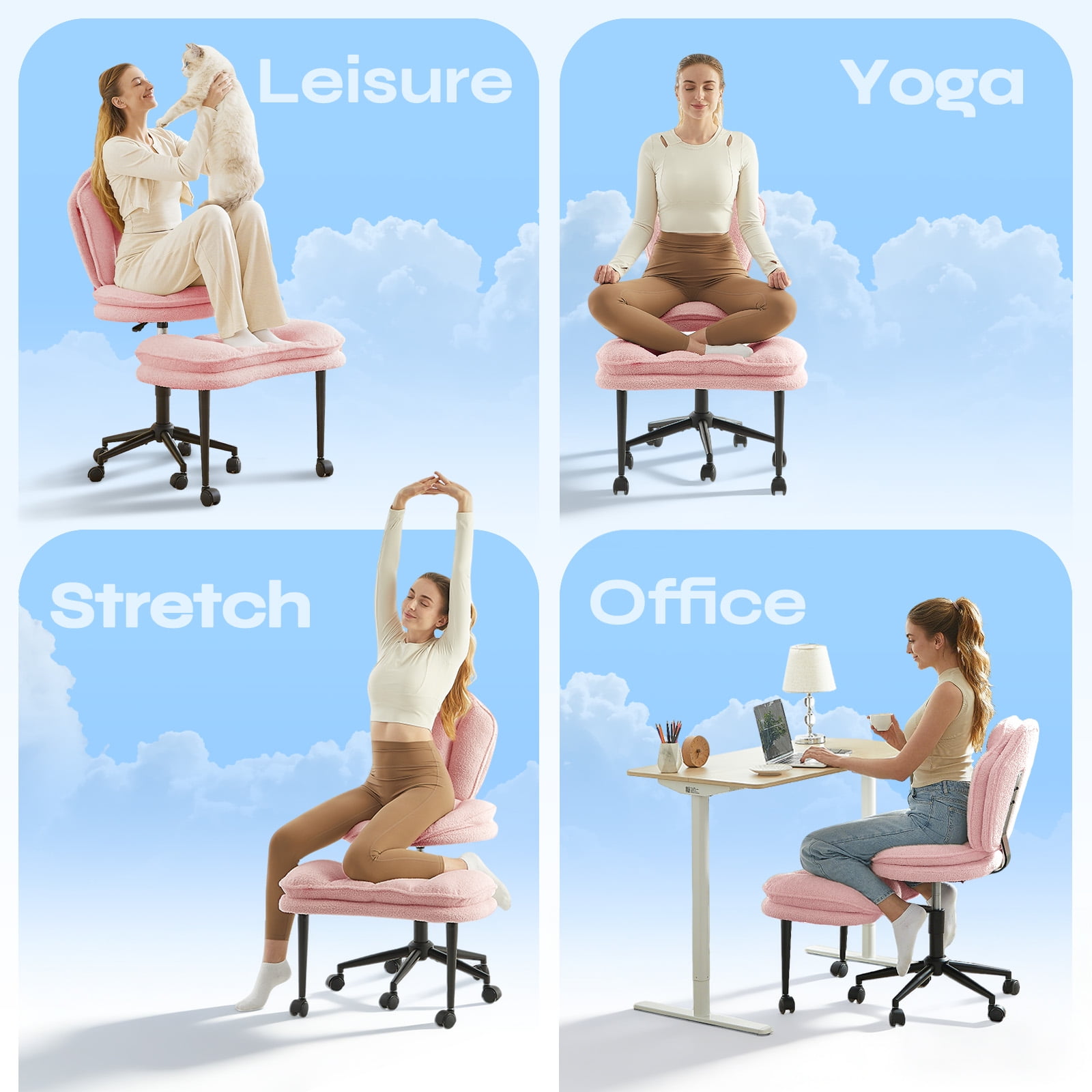 Pinmoco Cloud-Style Cross Legged Office Chair, Kneeling & Criss Cross Swivel Desk Chair with Full Lumbar Support, 360° Rotating Footrest, Ergonomic ADHD Meditation Yoga Chair for Home Office, Pink
