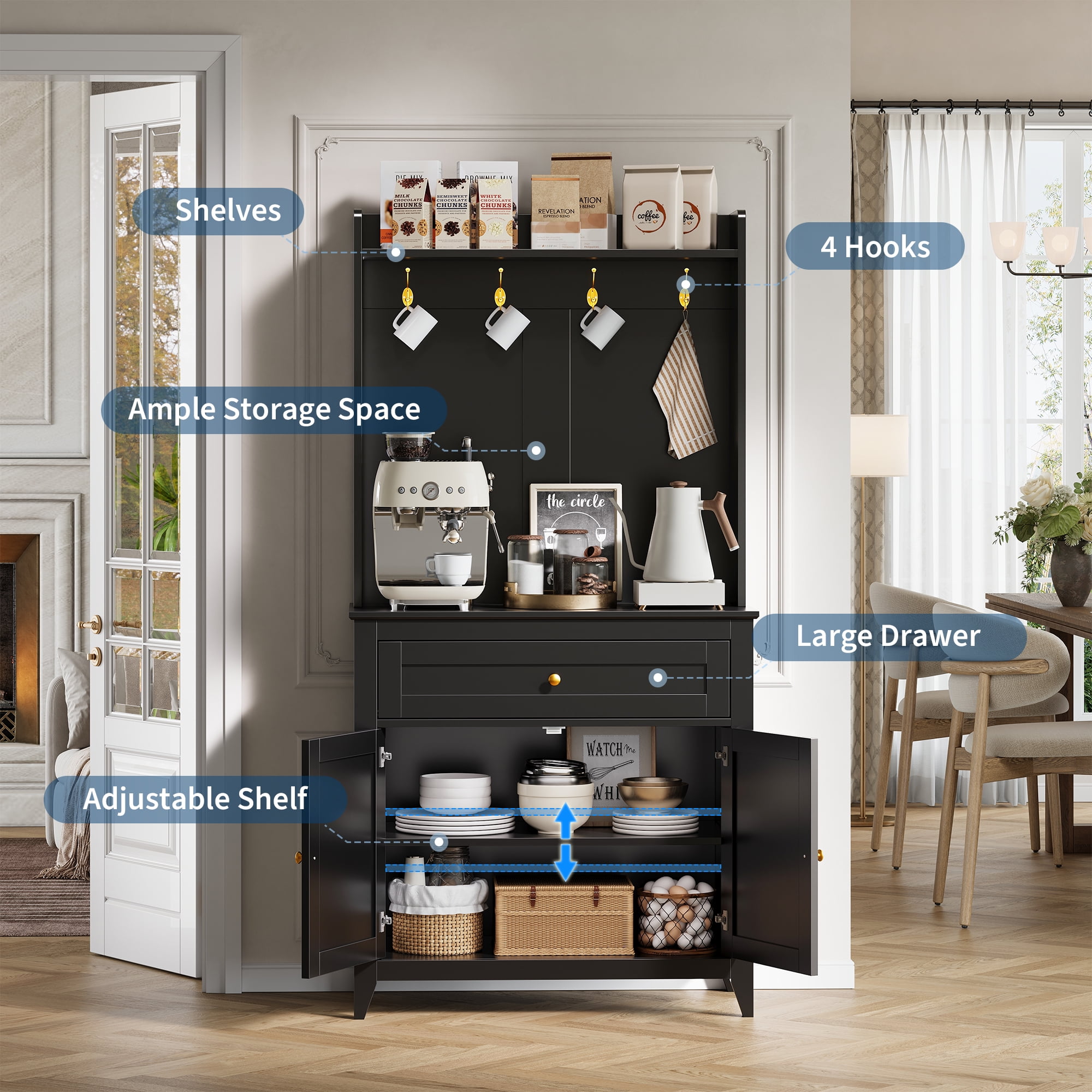 63" Pantry Cabinet, Kitchen Pantry Storage Cabinet with Outlet, Kitchen Hutch with Microwave Shelf & 4 Hooks, Door Shelves & Drawer & Adjustable Shelves, for Dining Room