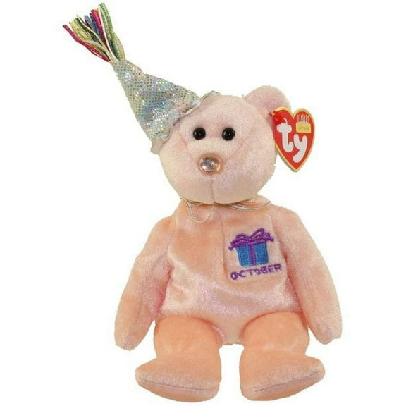 Ty Beanie Baby October Teddy Happy Birthday Bear (With Hat) 9.5 inch Plash