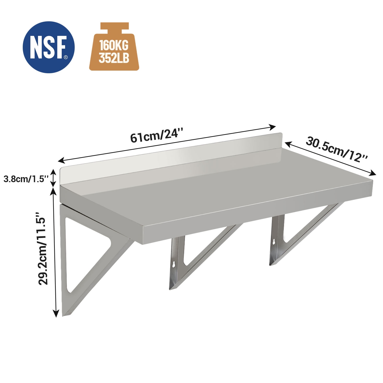 LIZHOUMIL NSF Stainless Steel Wall Shelf Commercial w/ Backsplash+Brackets for Kitchen/Garage