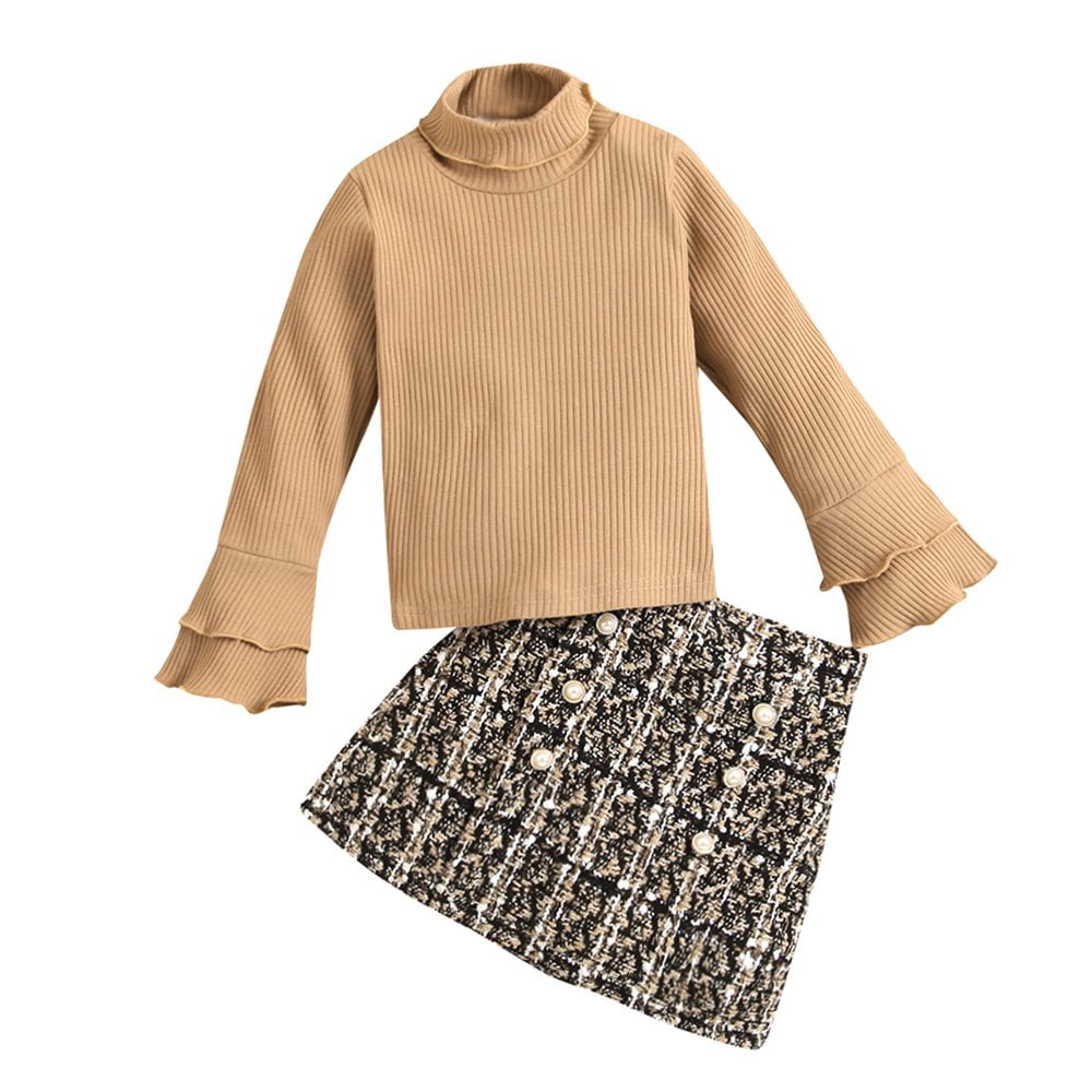 Toddler Girls Knitted Long Flare Sleeve Sweaters Top Plaid Pearl - Main Image