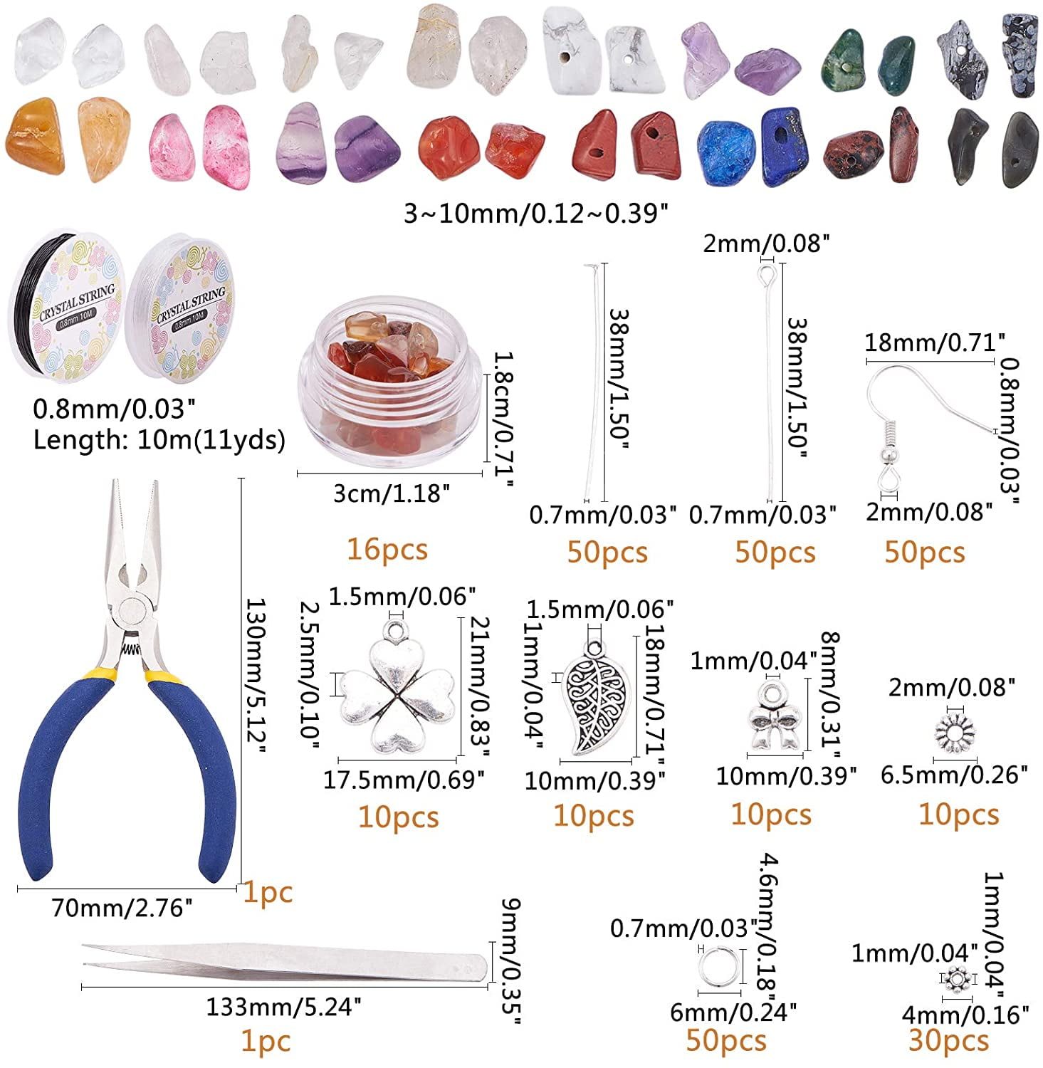 DIY Jewelry Set with Gemstone Chip Beads Alloy Beads & Pendants Iron Earring Hooks & Pins Elastic Crystal Thread Iron Tweezers 30x18mm