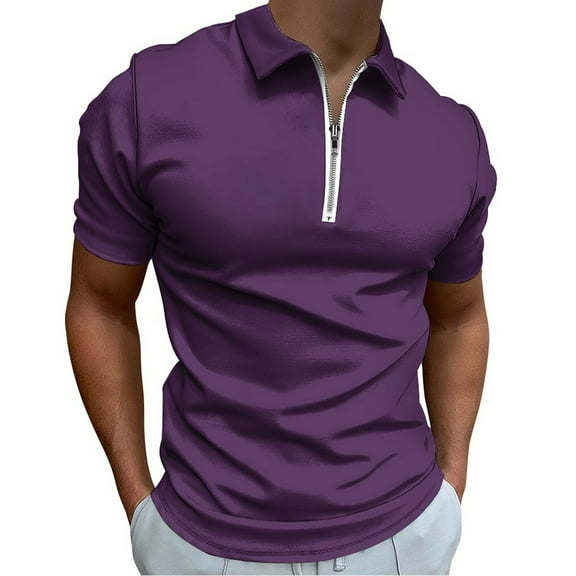 Dark Purple Men Zipper T-shirt Summer Casual Short Sleeve T-shirt Top