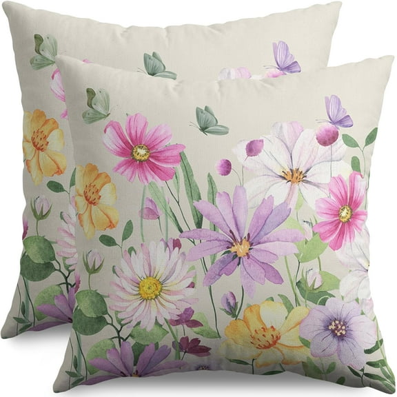 Spring Floral Pillow Covers 18x18 Set of 2 Pink Purple Green Flower Leaf Plant Print Plant Decorative Throw Pillow Cases Outdoor Summer Farmhouse Decor for Sofa Couch Bed