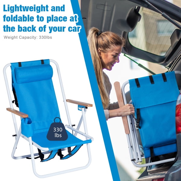 2 Pack Beach Chairs with Headrest & Cup Holder, Portable Backpack Camping Chairs 4-Position Lightweight Folding Chairs Support 265lbs - Blue