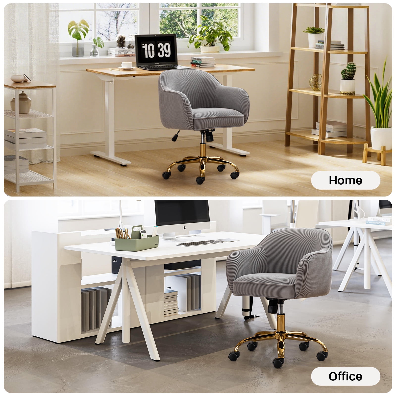 BRILHAMEZ Velvet Office Chair, Ergonomic Desk Chair with Adjustable Height, 360° Swivel, Padded Armrests for Home Office, Gray