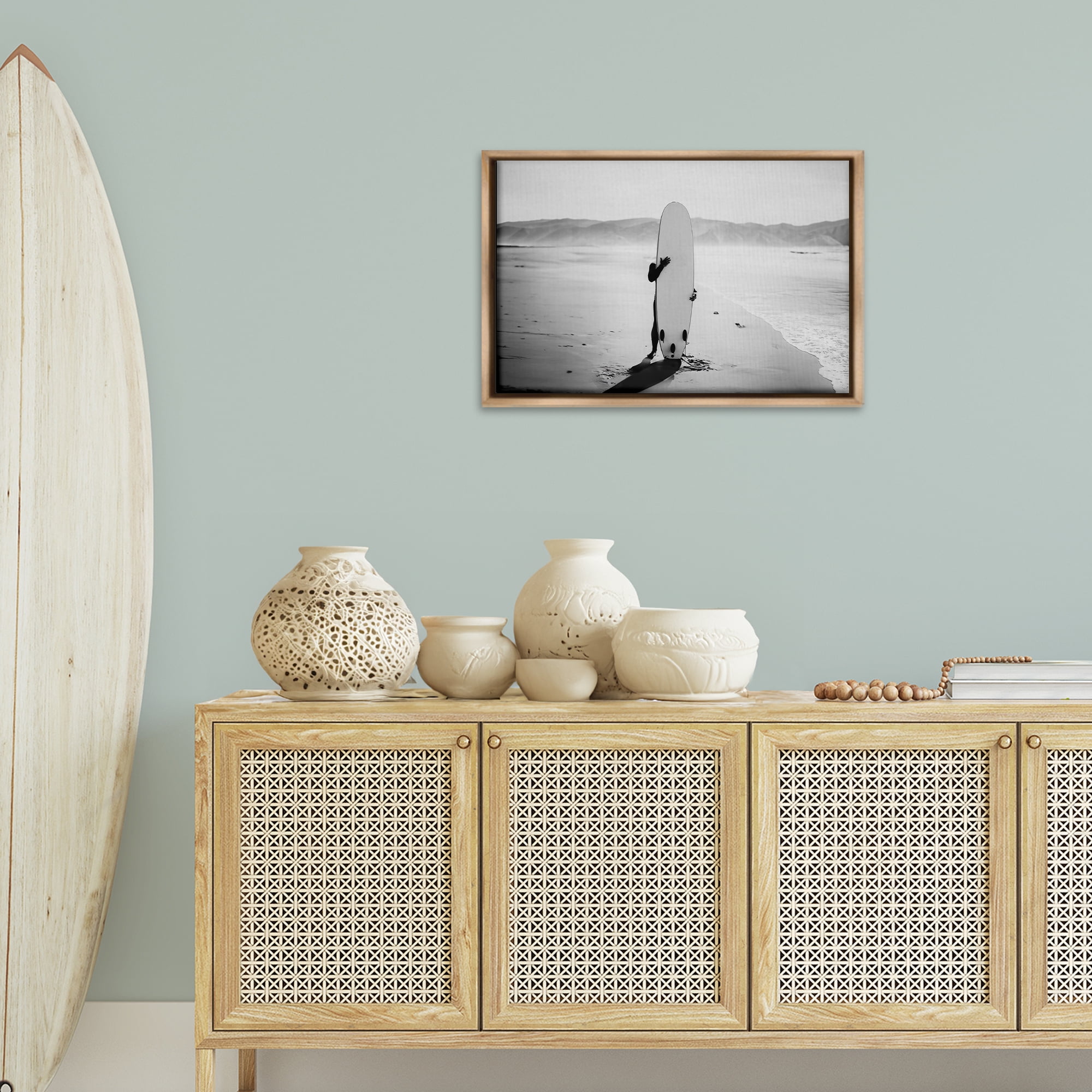 Stupell Industries Hiding with Surfboard Sports Photography Brown Floater Framed Canvas Art Print Wall Art, 25 x 17