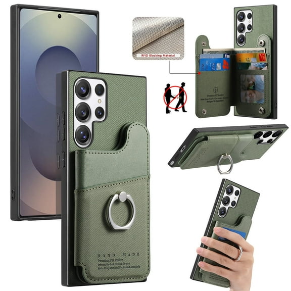 Allytechgroup for Samsung Galaxy S25 Ultra Protective Case, Back Cover With Card Pocket &Credit Card Slot Built-in Grip Ring Anti-Scratch, Shock-Absorbent Anti-Fingerprint Shockproof Bumper, Green
