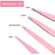 thumbnail image 3 of Juego de pinzas de precisión de color rosa de 4 piezas de acero inoxidable para eliminar cejas, vello facial, pelos encarnados, astillas y puntos negros, 3 of 7