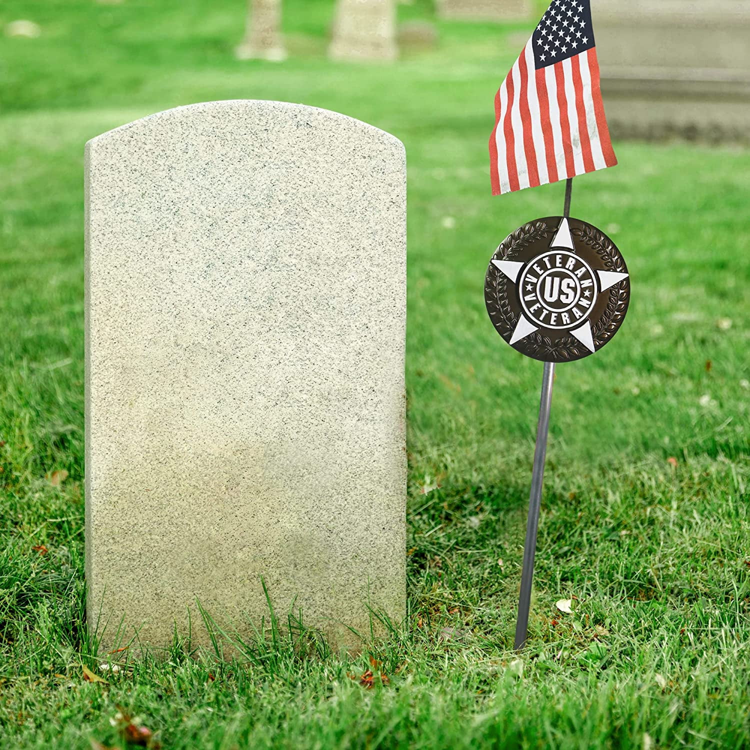 Anley US Veteran Grave Marker with US Stick Flag 34 Inch Tall - Cemetery Memorial Graveside Plaque Flag Holder Gravemarker