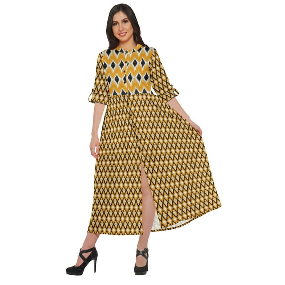 Moomaya Printed Front Slit A-Line Kurtis For Women Short Sleeve Summer Kurta