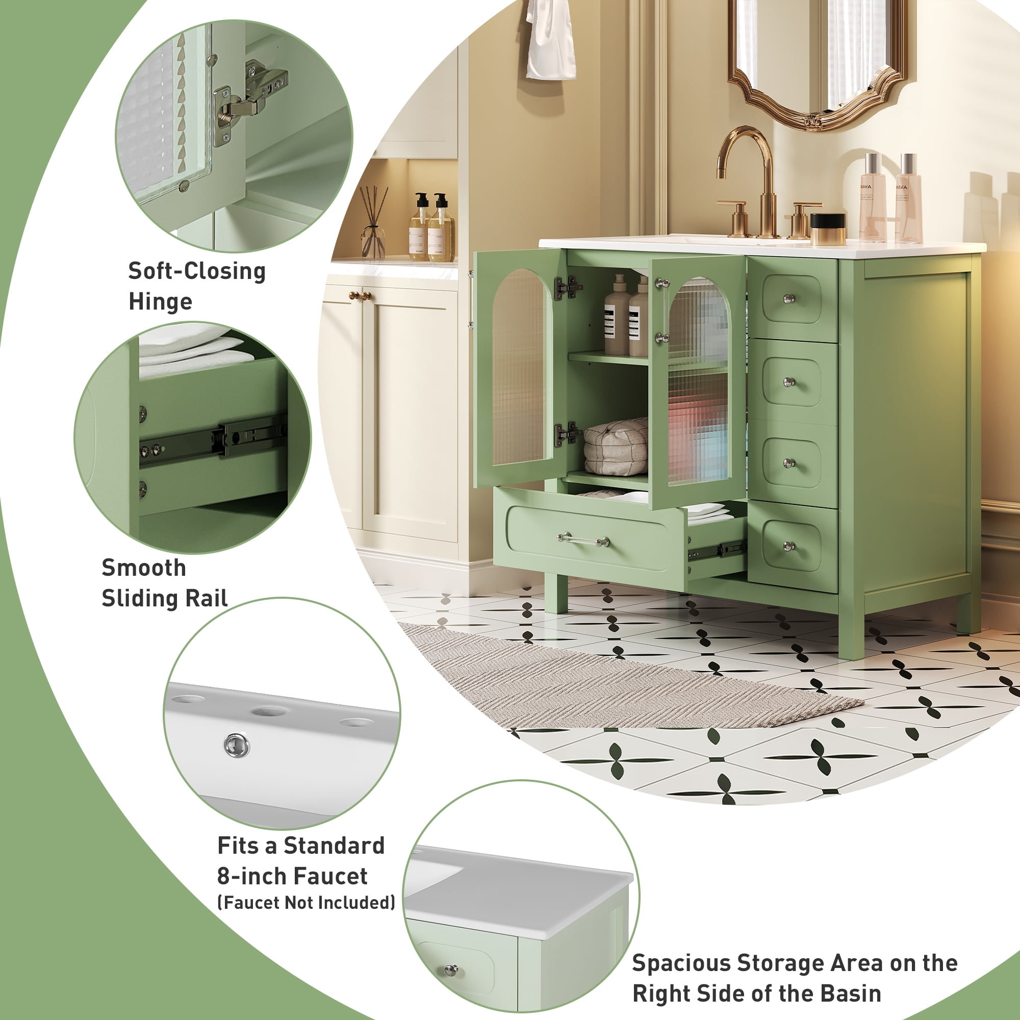 Euroco Modern Turquoise Bathroom Vanity with Waffle Glass Doors, 4 Drawers, Adjustable Shelf, and Soft-Close Hinges – Fits 8-Inch Faucet