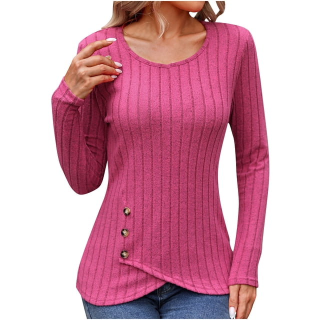 Timegard Blouse for Women Long Sleeve Ribbed Round Neck Button Tops Fall Winter Casual Comfy Tunic Tops