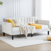 Gzxs Twin Size Upholstered Daybed in Ivory Boucle, Modern Sofa Bed with Ribbed Tufted Backrest and Sturdy Bentwood Slats Support, Easy Assembly