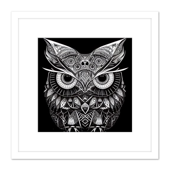 Owl Modern Doodle Tribal Pattern Illustration Black & White Square Wooden Framed Wall Art Print Picture 8X8 Inch