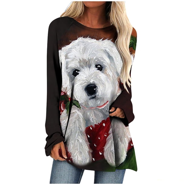 Camisas Navideñas Para Mujer Tops de Manga Larga Moda Casual Estampado de Cuello Redondo Blusa Superior Suelta Jersey Odeerbi ODB202271