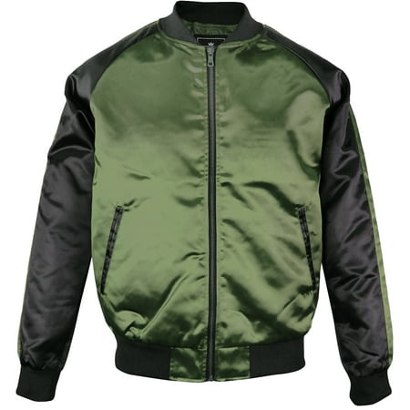 Fur Collar Bomber - Upscale Men's Contrast Two-Tone Satin Polyester Zip Up Baseball Collar Bomber Flight Jacket Coat Olive/Black XX-Large