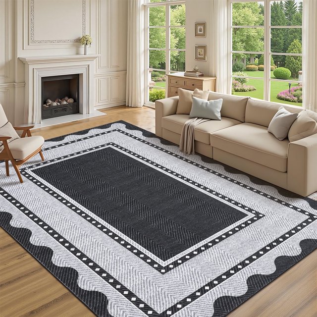 Garvee 5'x7' Modern Border Neutral Area Rug Living Room Rug, Washable Rug with Non Slip Backing Soft Low Pile Indoor Carpet for Bedroom Dining Room, Black Grey