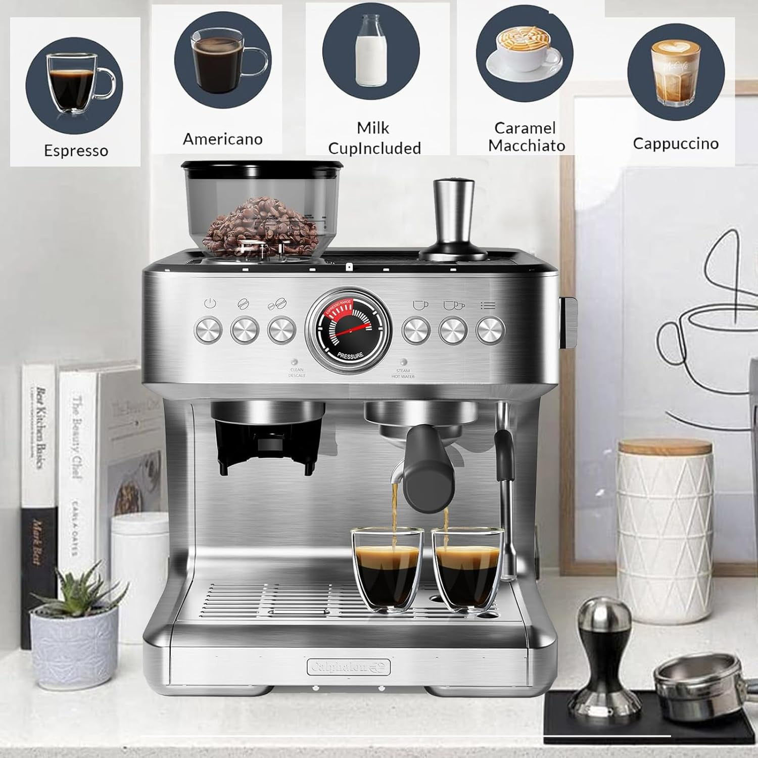 Semi-Automatic Espresso Machine, 20 Bar Coffee Maker with 30 Grinding Setting, Espresso Maker with Grinder