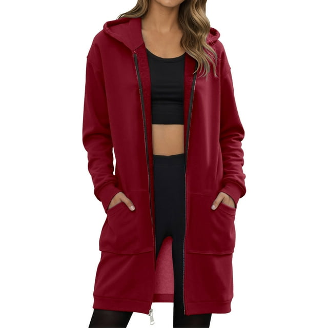 Tiweut Jackets for Women Fall Winter Jacket Long Sleeve Zipper Long-Length Solid Color with Pockets Ladies Classic Blouses RD2,XL