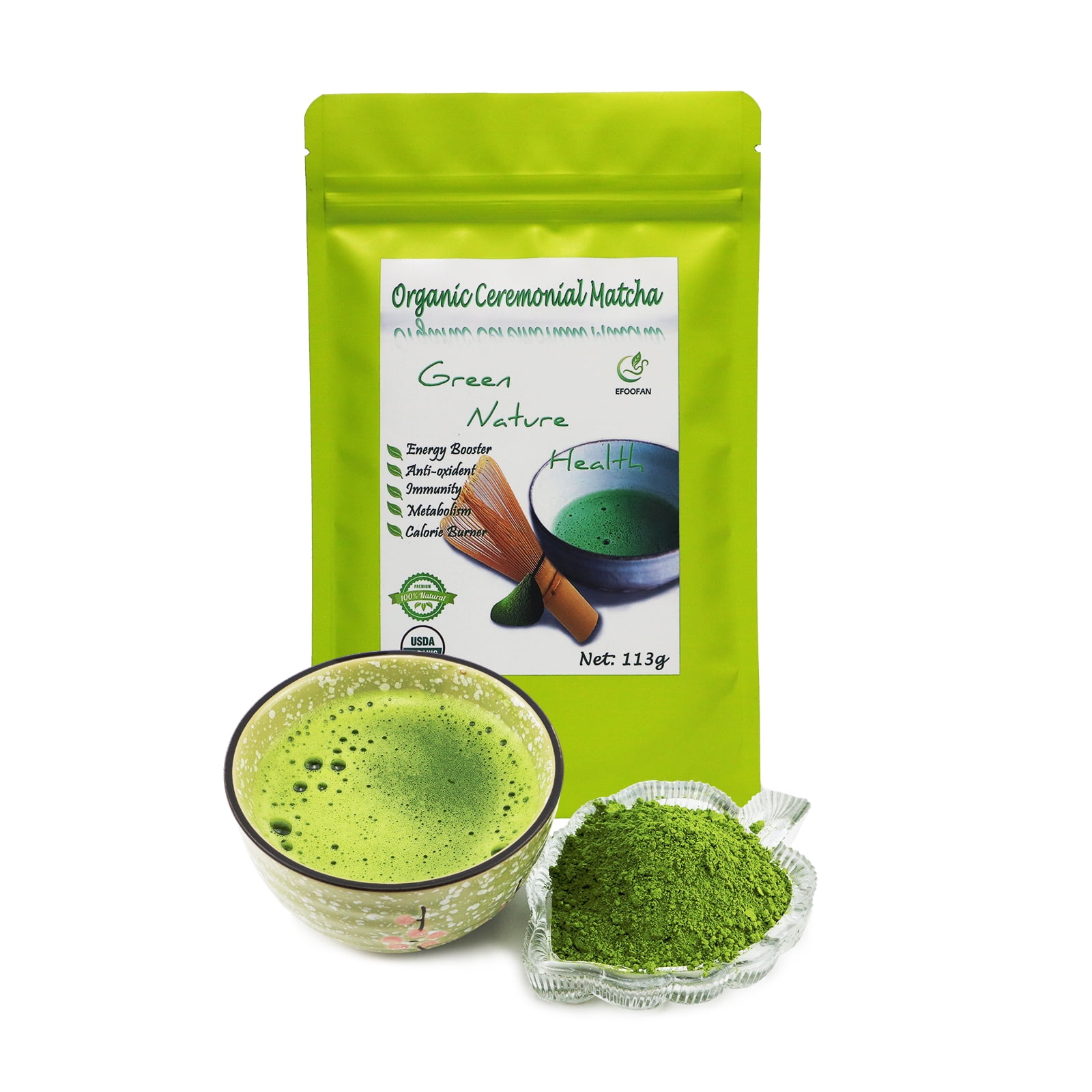 EFOOFAN Ceremonial Grade Matcha Green Tea Powder, 4oz, USDA Certified Organic Macha Lette Powder