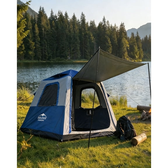 Inflatable Camping Tent with Built-in Canopy, Cabin-Style Air Tent for Family & Glamping, Extra Shade & Outdoor Living Space – Navy & Light Gray
