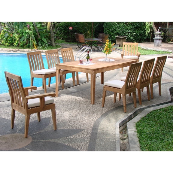 Teak Dining Set:8 Seater 9 Pc 122" Double Extension Caranasas Rectangle Table, 6 Armless and 2 Arm Caranasas Chairs Outdoor Patio Grade-A Teak Wood WholesaleTeak #WMDSCR1