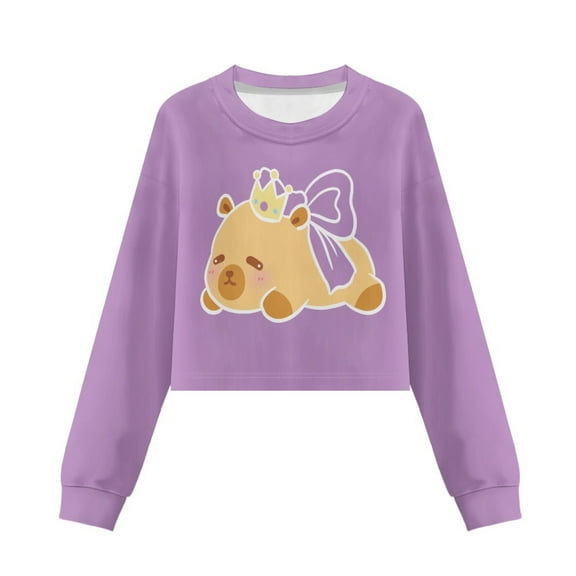Xoenoiee Capybara Crown Bow Print Long Sleeve Shirt Crop Top Girls Graphic T-shirt Sweatshirt Pullover Top Casual Crewneck Tees Fall Clothes, 13-14 Years