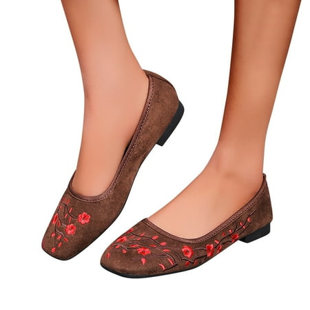 

f21 Fashion Women Suede Breathable Flat Embroidered Comfortable Slip On Casual Single Shoes Flat Sandals Dress Shoes Size 6.5-7 Brown
