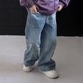thumbnail image 5 of UACY Boy's Girls Cargo Jeans Baggy Denim Pants Elastic Waist Straight Wide Leg Jeans Streetwear with Pockets (Blue, 9-10 Years), 5 of 7