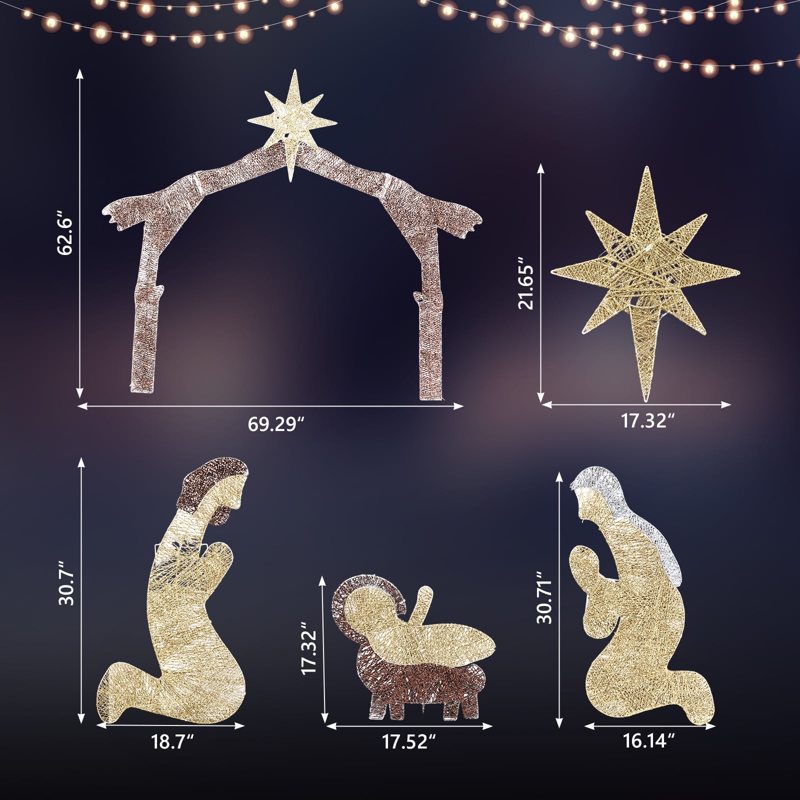 6ft Christmas Nativity Scene Decoration Brown Roof with 190 LED Lights Durable Garden Jesus Mary Joseph Set Easy-Install Reusable Outdoor Holiday Decor