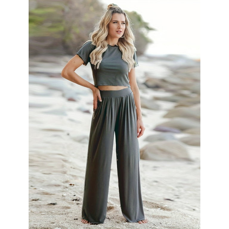 Chic Cropped Top & Flowy Wide-Leg Pants Set - Relaxed Fit