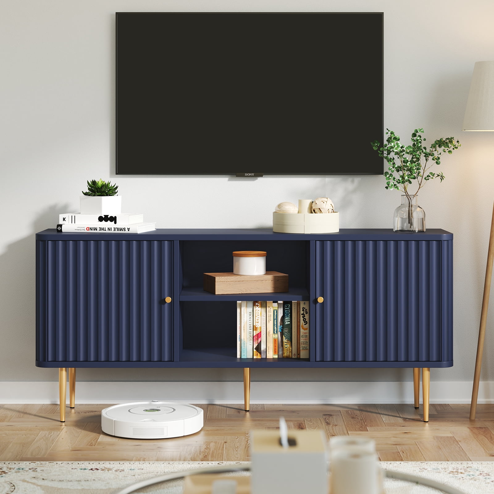 HLR Modern Fluted 55" TV Stand for 65 Inch TV, Entertainment Center with Storage, TV Console for Living Room, Blue