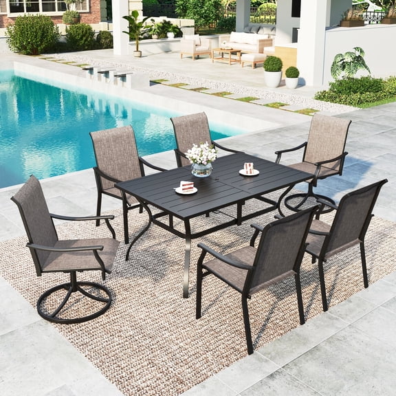 SUMMIT LIVING 7-Piece Outdoor Patio Dining Set with 2 Swivel Chairs, 4 Fixed Chairs & Rectangular Steel Table with Umbrella Hole for 6 Person, Black & Grayish-brown