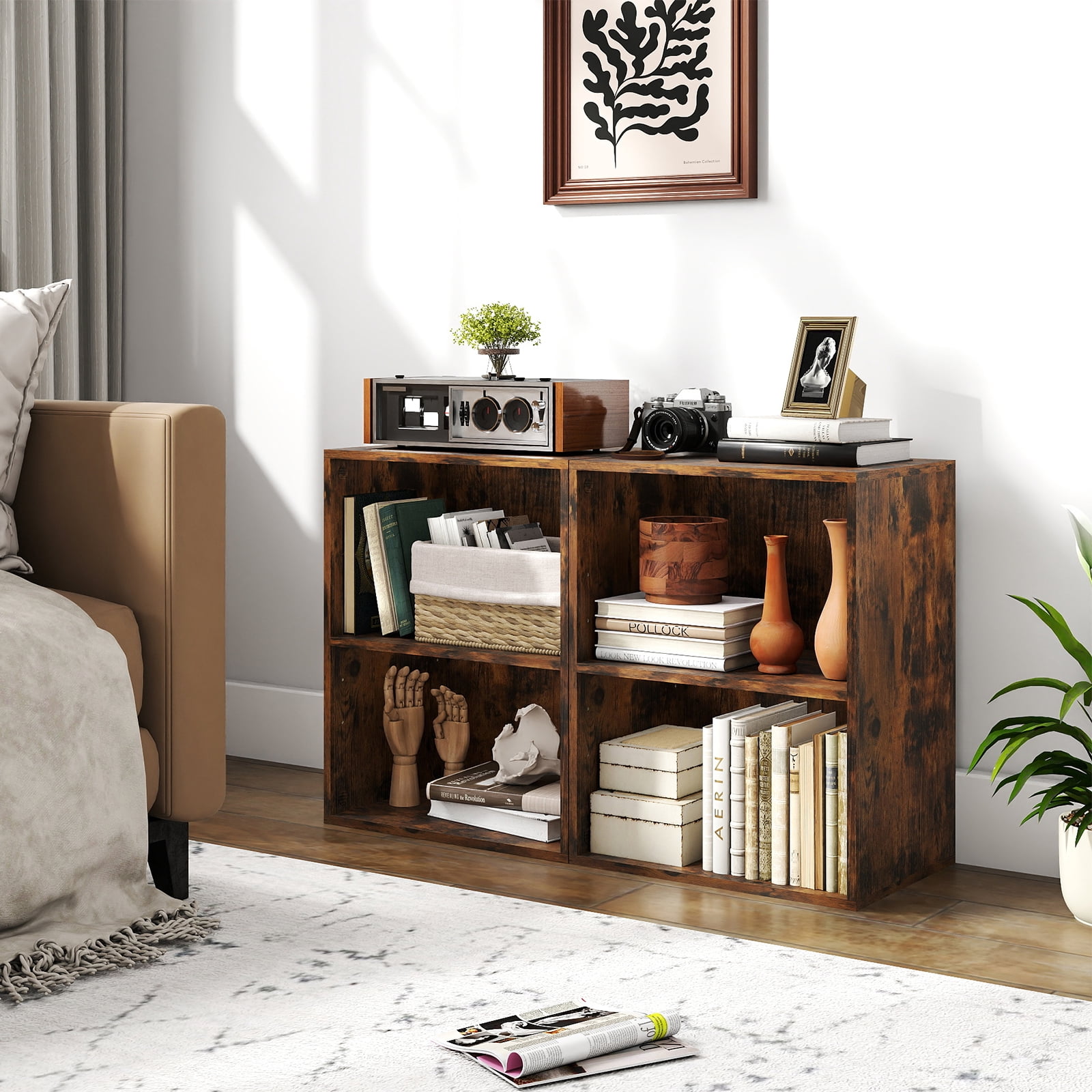 Costway 2-Cube Bookcase with 5-Position Adjustable Shelf, Anti-Toppling Kits for Study Rustic Brown