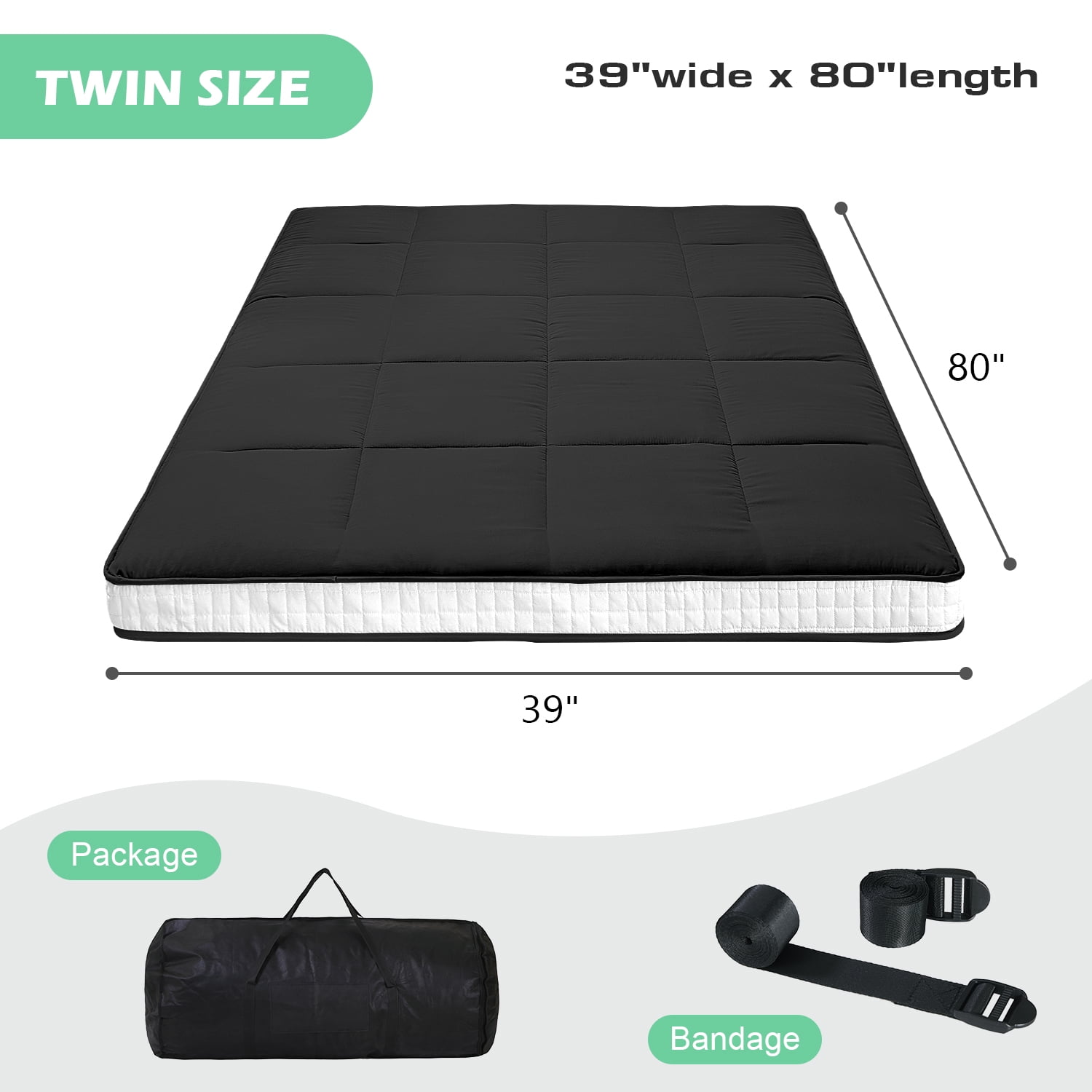 MOPHOTO Black Japanese Futon Mattress Extra Thick Folding Sleeping Pad Futon Mattress Portable Camping Mattress with Storage Bag, Twin