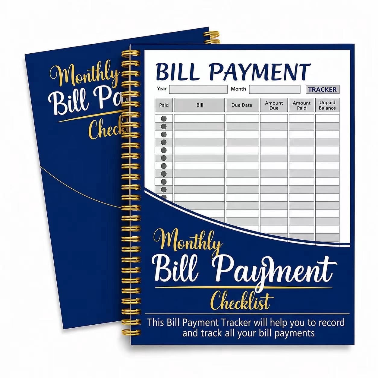 gleaminglife Monthly Bill Payment Tracker Notebook, Large 8.43 x 11.02, Gold Spiral, Deep Blue Bill Organizer & Expense Log