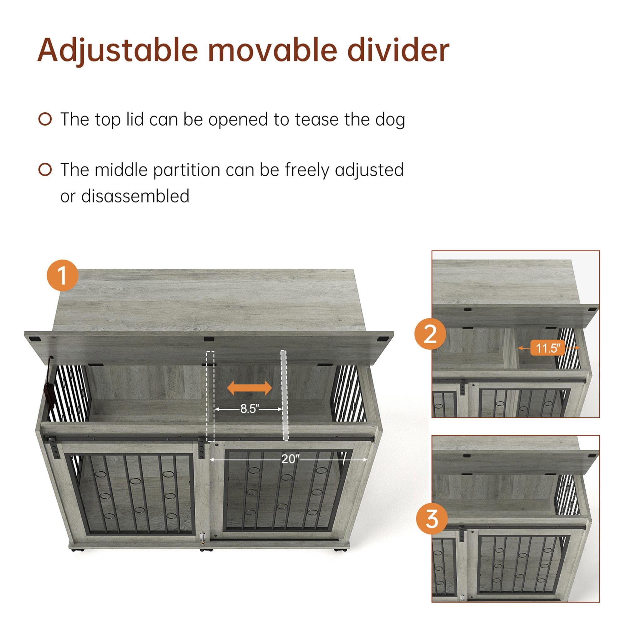 Pefilos 43" Sliding Door Dog Crate with Partition for Two Puppies, Furniture Style Dog Cage with Wheels, Indoor Kennel, Gray Pefilos 43" Sliding Door Dog Crate with Partition for Two Puppies, Furniture Style Dog Cage with Wheels, Indoor Kennel, Gray