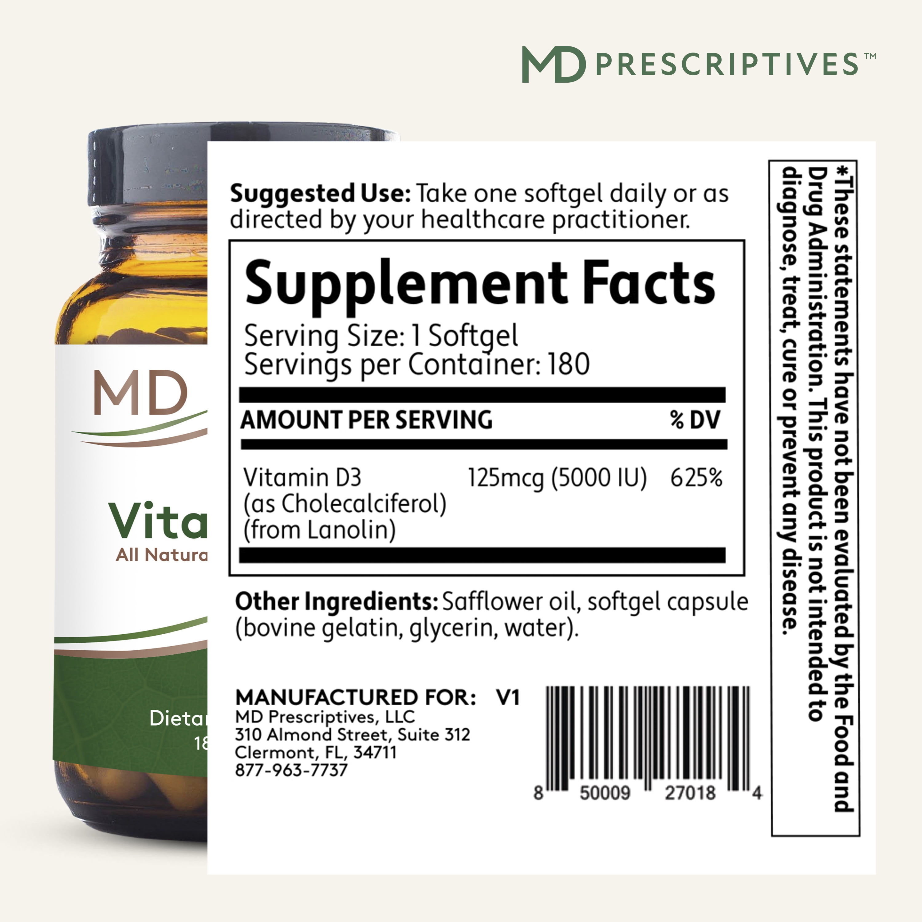 MD Prescriptives Vitamin D3 180 Gelcaps - Maximum Absorption for Strong Bones, Muscle & Immune Support, Non GMO Vegetarian Softgels, 125 mcg (5,000 IU)