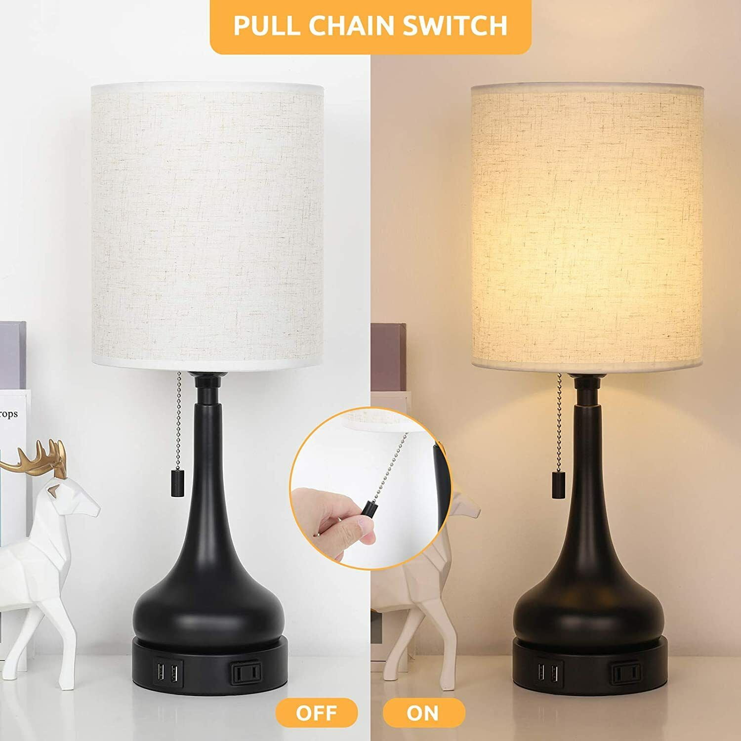 Set of 2 Bedside Lamps with Dual USB & Outlet- USB Lamps with Pull Chain Switch