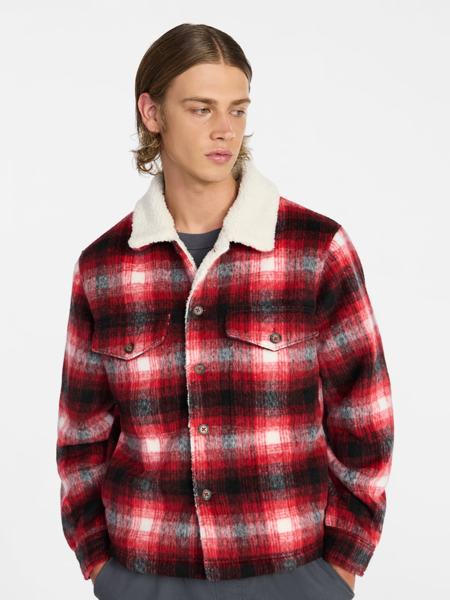 No Boundaries High-Pile Fleece Lined Plaid Overshirt, Men’s and Big Men’s