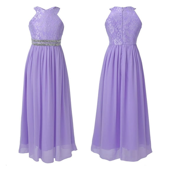 DPOIS Kids Floral Lace Flower Girl Dress Shiny Halter Neck Long Maxi Gown Lavender 14