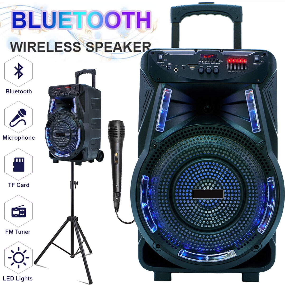 2700W 15" Portable Party Bluetooth Speaker with Tripod Stand Woofer Heavy Bass Horn Tweeter PA Party Sound System LED Mic AUX USB FM SD Trolley Wireless Speaker