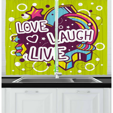 Live Laugh Love Curtains 2 Panels Set, Cartoon Style Line Art Figures Stars Cubes Circles and Hearts Cheerful, Window Drapes for Living Room Bedroom, 55W X 39L Inches, Multicolor, by