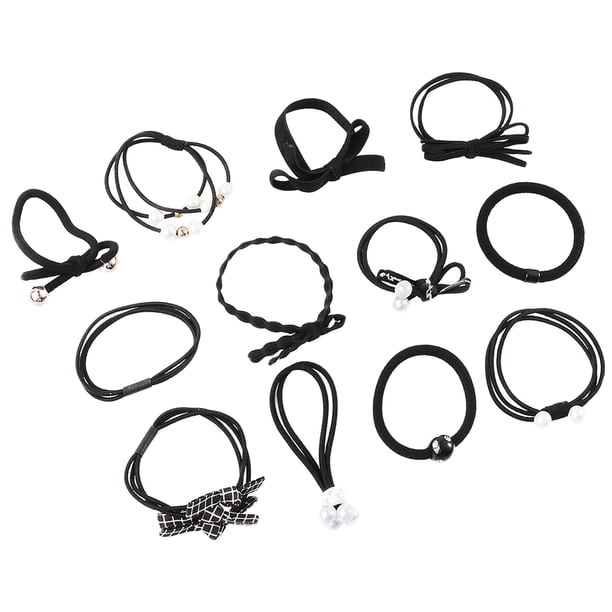 Juego de 12 coleteros elásticos para el pelo con incrustaciones de perlas de imitación, color negro