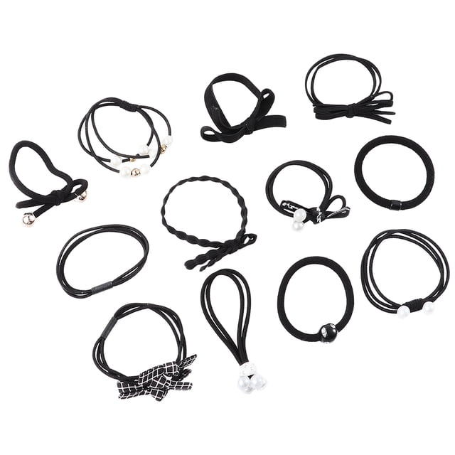 Juego de 12 coleteros elásticos para el pelo con incrustaciones de perlas de imitación, color negro