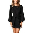 thumbnail image 2 of Robe Élégante à Manches Longues Lanterne pour Femmes, Col Rond, Taille Nouée, Tricotée, Robe de Cocktail, 2 of 6