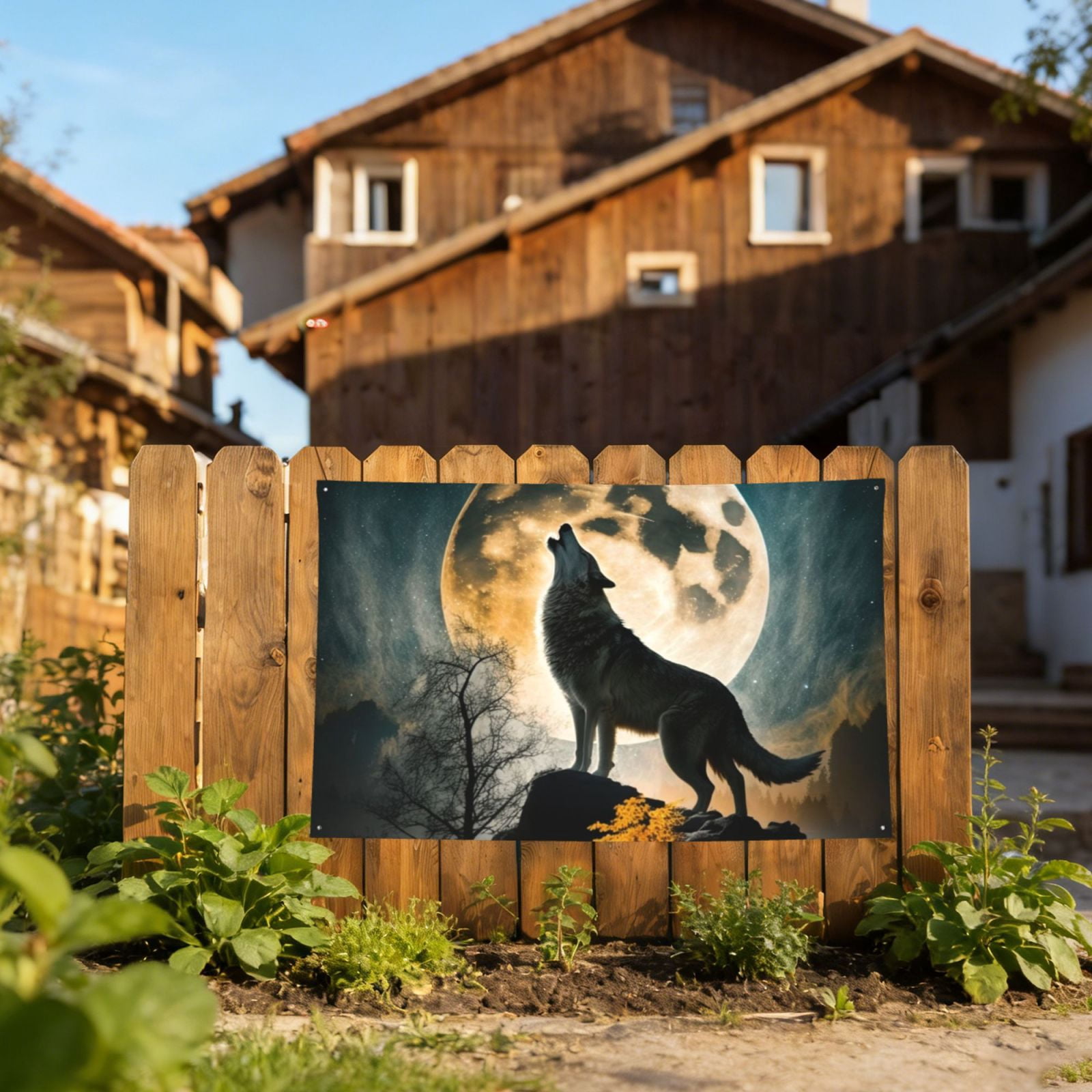Wolf Full Moon Howling Four Hole Decorated Banner Flag for Garden Yard Home Decoration Indoor Outdoor 4x6 Ft