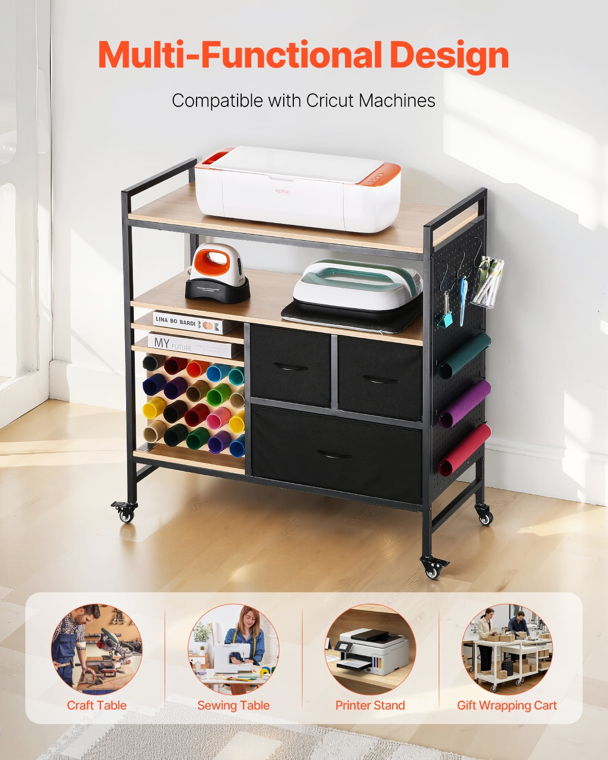 VEVOR Rolling Craft Cart and Storage Table, Compatible with Cricut Machines, Crafting Table Organization Workstation, Craft Rolling Storage Organizer with 20 Vinyl Roll Holders and 3 Drawers, Black